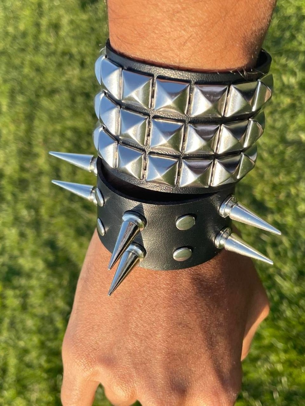 2 PCs Punk faux leather studded Spiked Bracelets - gothic grunge alternative